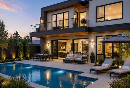 Modern luxury home with backyard swimming pool in Idaho at dusk, featuring contemporary architecture, outdoor patio, and landscaped yard