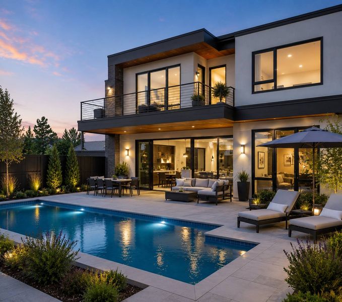 Modern luxury home with backyard swimming pool in Idaho at dusk, featuring contemporary architecture, outdoor patio, and landscaped yard