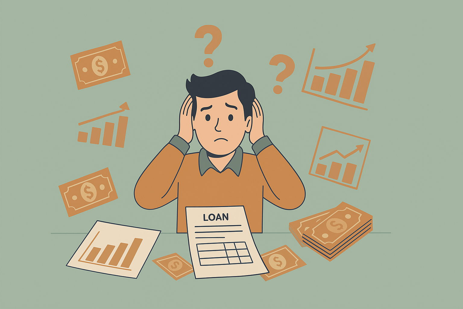 Illustration of a stressed homebuyer analyzing mortgage charts and dollar signs, used to explain the financial impact of 50-year mortgages and how they compare to traditional 30-year loans.