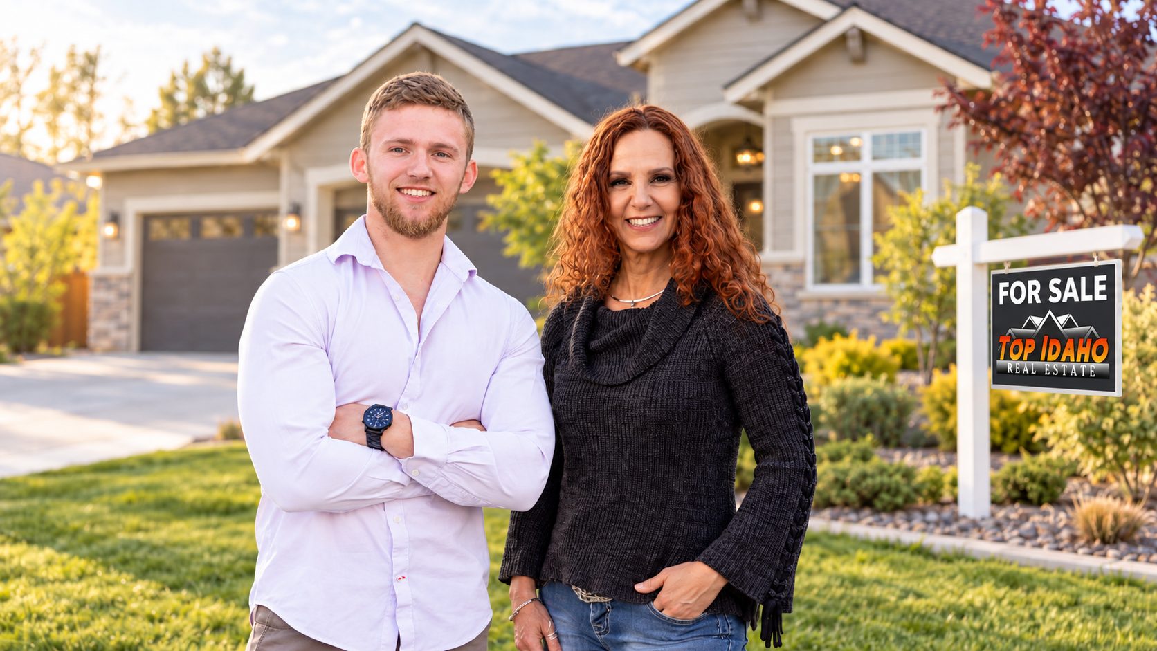 Judit Crace and Isaac Crace of Top Idaho Real Estate stand in front of a Nampa, Idaho home for sale. Judit is the Designated Broker and owner of Top Idaho Real Estate, and Isaac is a Nampa REALTOR who works alongside her serving home buyers and sellers throughout the Treasure Valley.