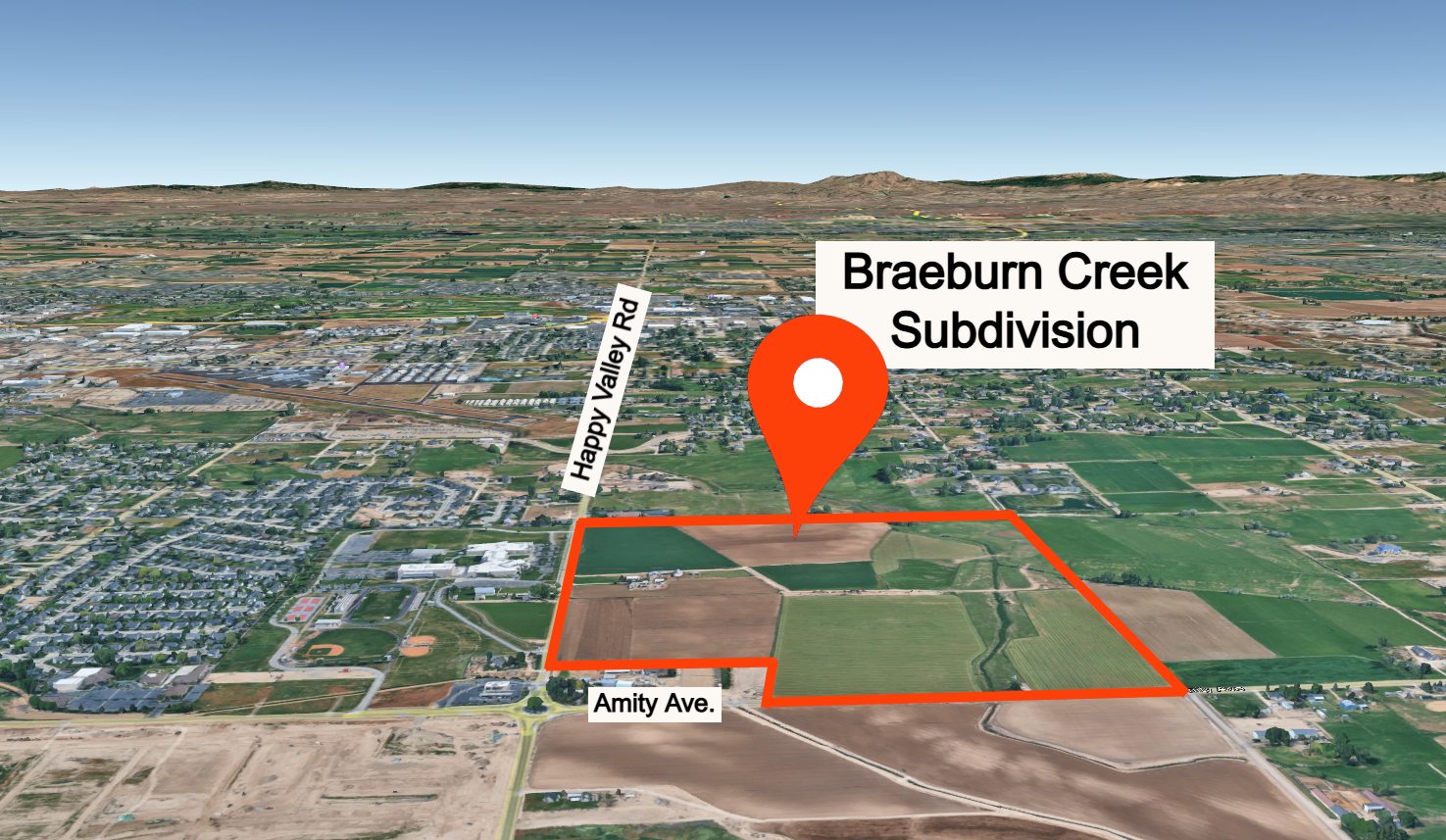 Google Earth map showing the proposed Braeburn Creek development area near Amity Avenue and Happy Valley Road in Nampa, Idaho