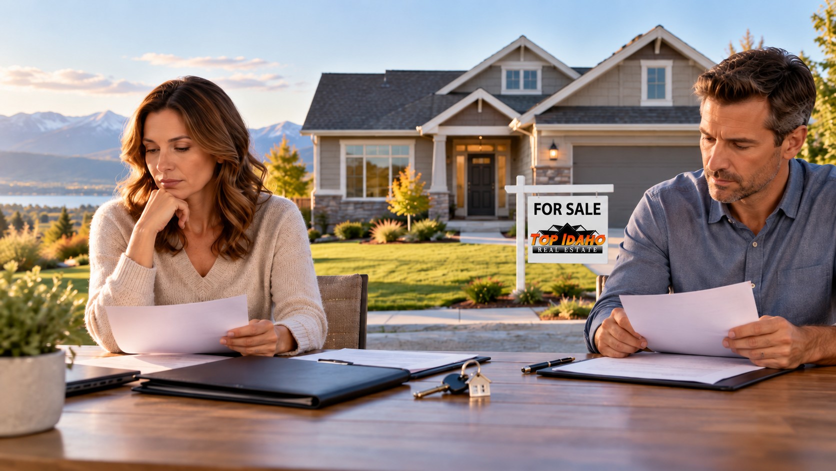 Couple reviewing paperwork while selling a house during divorce in Idaho with a Top Idaho Real Estate for sale sign.
