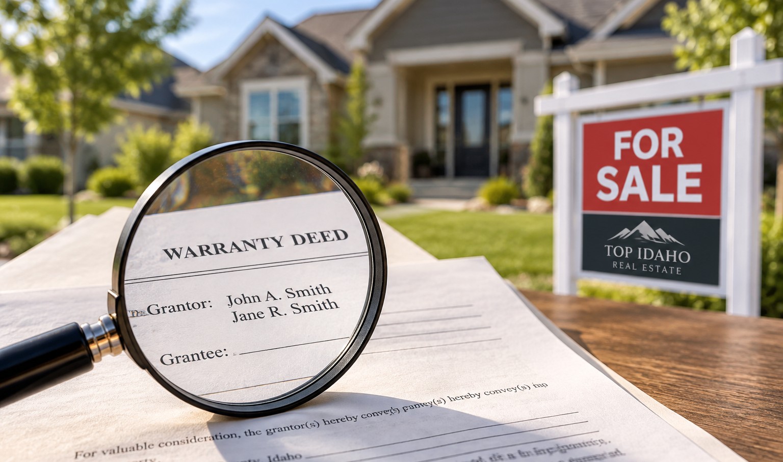 Property deed with a magnifying glass in front of a home for sale, illustrating why buyers should check recorded ownership before making an offer on a Treasure Valley home.